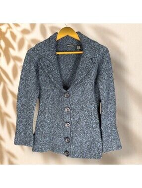 Moda International Cardigan Women M Medium Blue Knit Wool Button Soft Collared